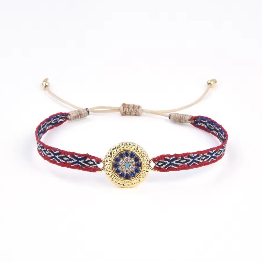 Elegant Evil Eye Gold and Blue Adjustable Woven Bracelet